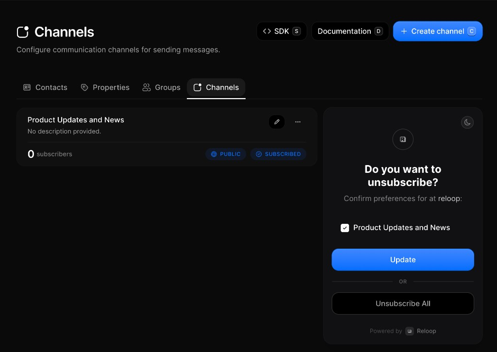 Contact channels in the Reloop dashboard