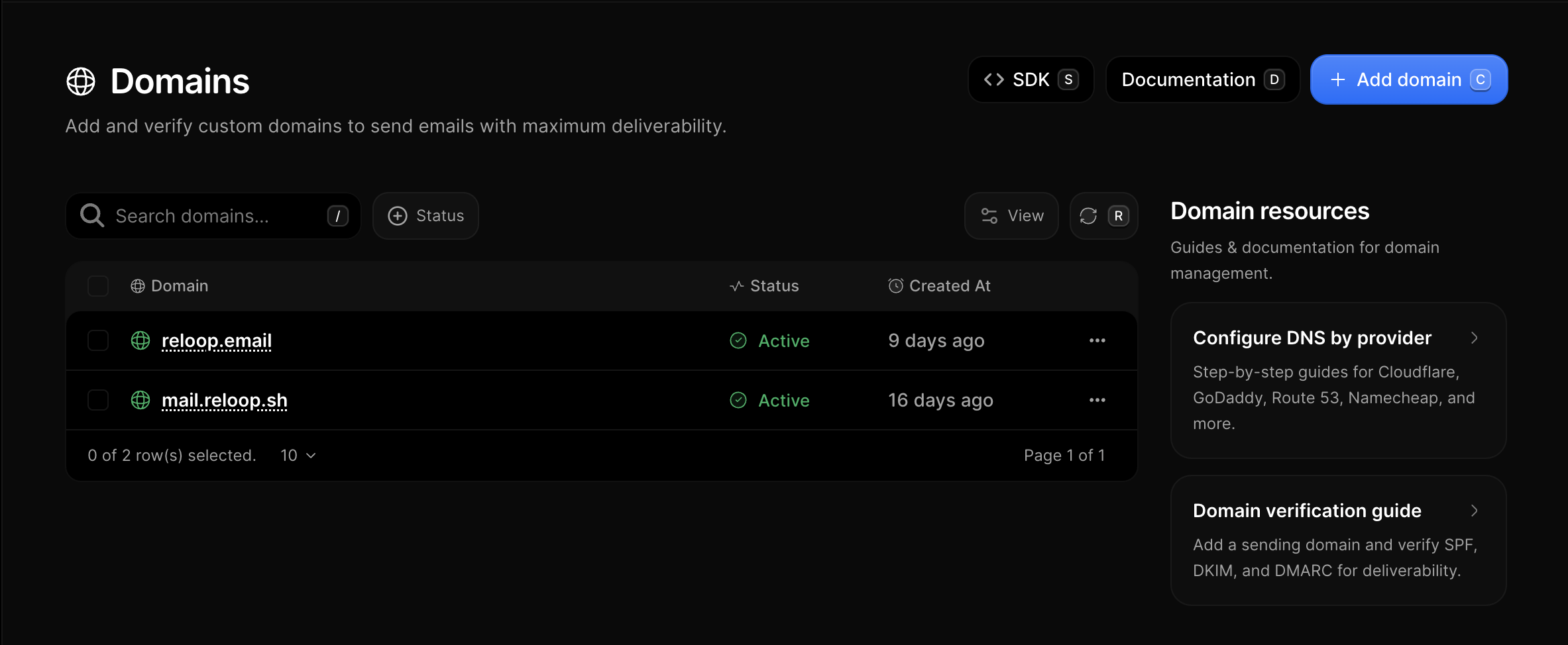 Domains list in the Reloop dashboard
