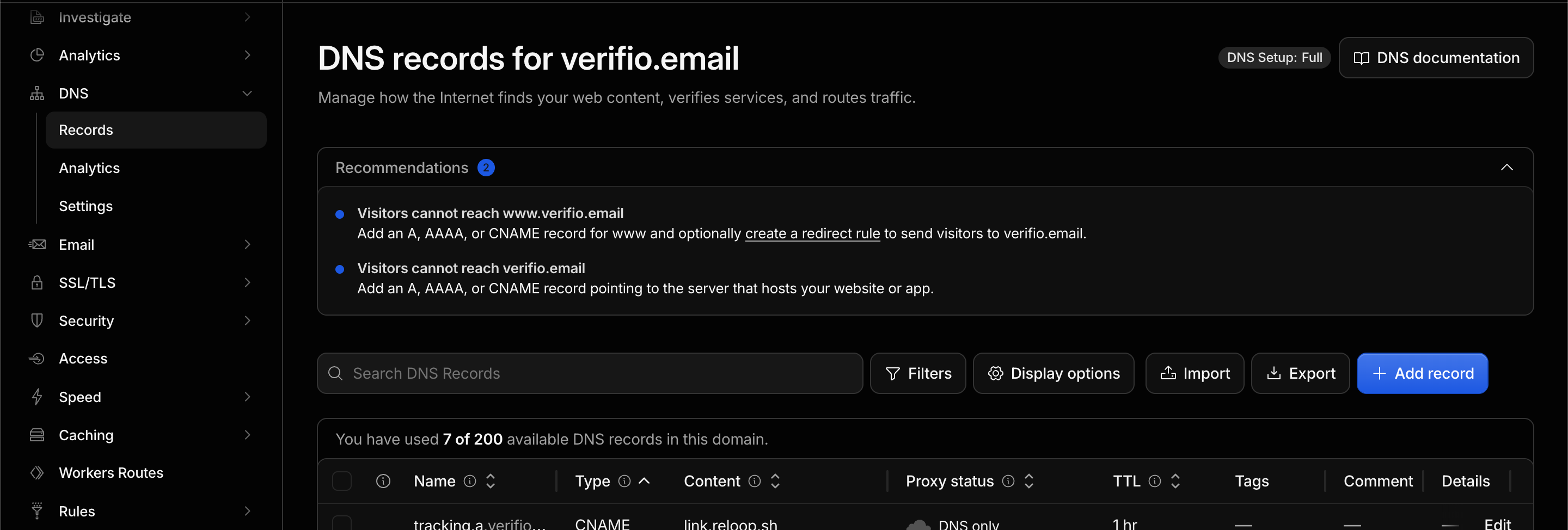 Cloudflare DNS records page