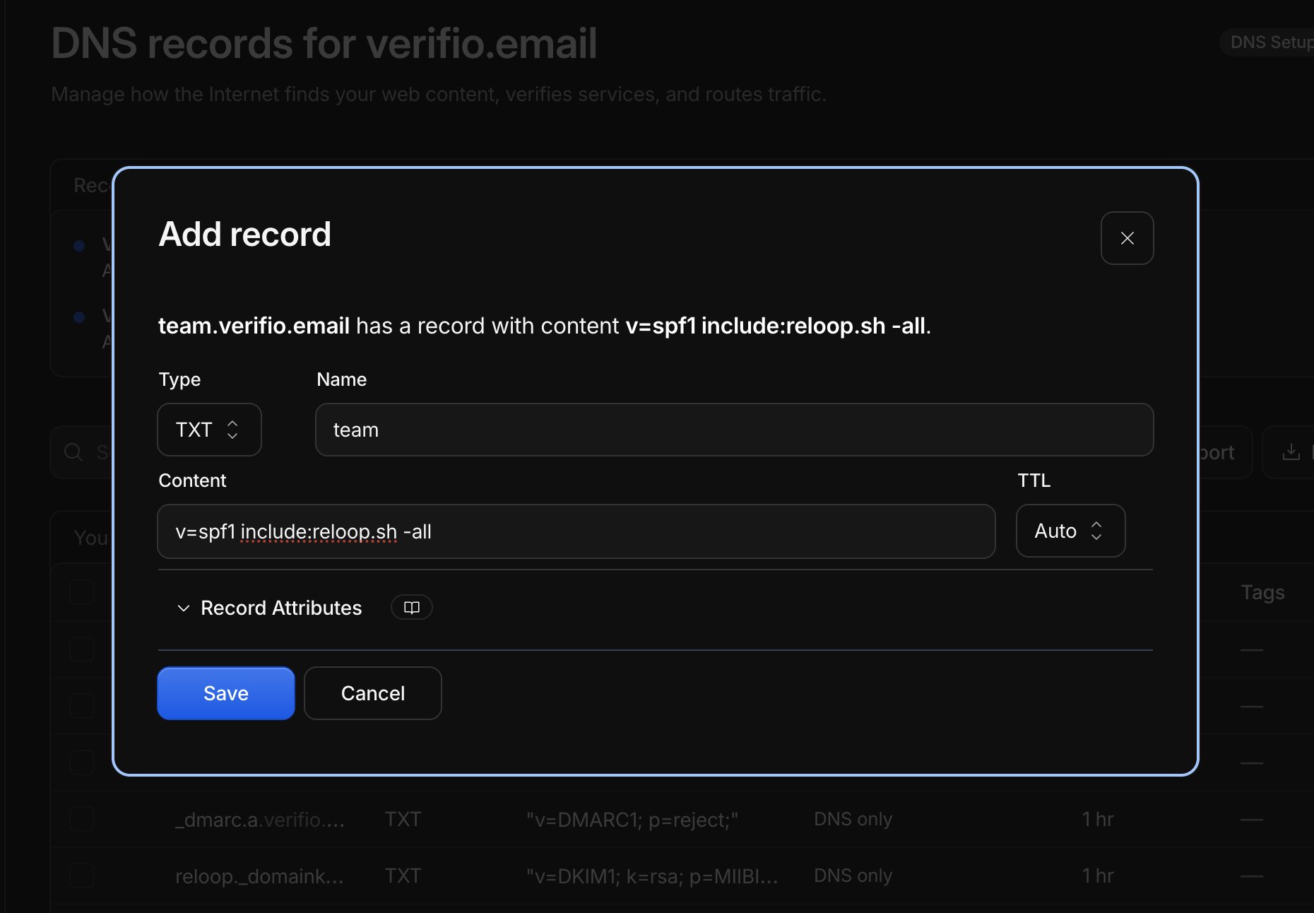 Add SPF TXT record in Cloudflare