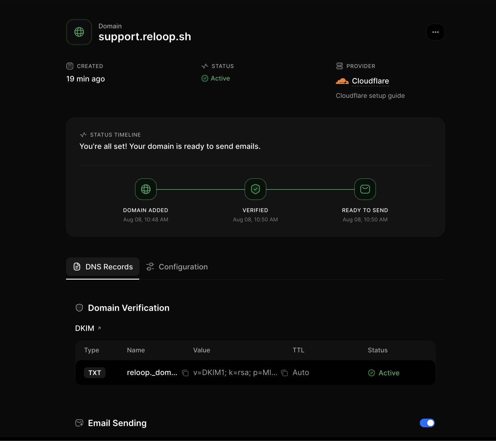 Verified domain in the Reloop dashboard